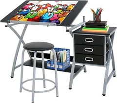 Adjustable Drafting Table Tilted Tabletop Art & Craft Drawing Desk with Stool