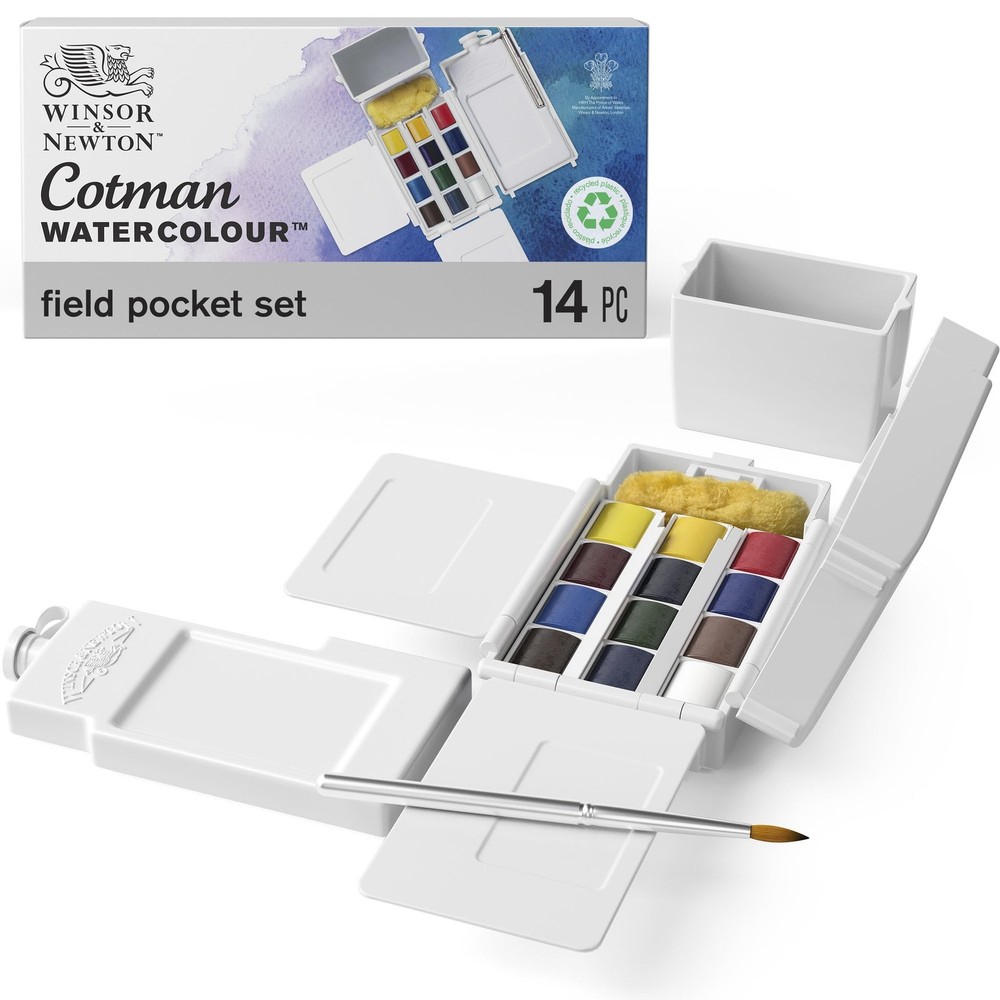 Watercolor Paint Set 12 Half Pan Field Pocket Brush Sponge Winsor Newton Cotman