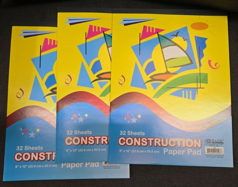 (3 Pack) Bazic Construction Paper Pad 32 Sheets Assorted Colors 9×12 Arts Crafts