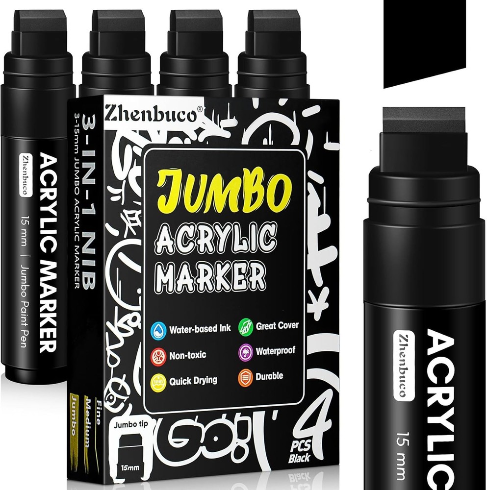 4 PCS Black Jumbo Permanent Markers 15mm Wide Tip Thick Acrylic Paint Pen, Large