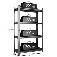 4-Tier Adjustable Metal Storage Shelf, For Garage, Shed, Supermarket, Living Roo