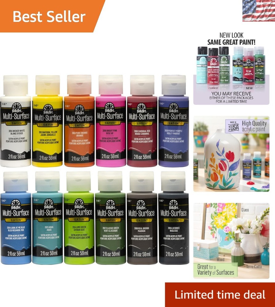 Vibrant 12-Color Non-Toxic Acrylic Craft Paint Set – Satin Finish, 2 oz Bottles