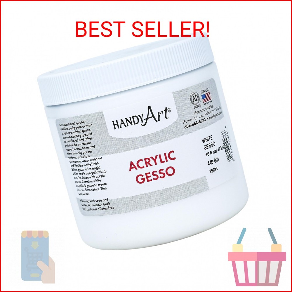Handy Art Acrylic Gesso, 16 oz, White, Primer for Canvas, Wood, & Artist Paintin
