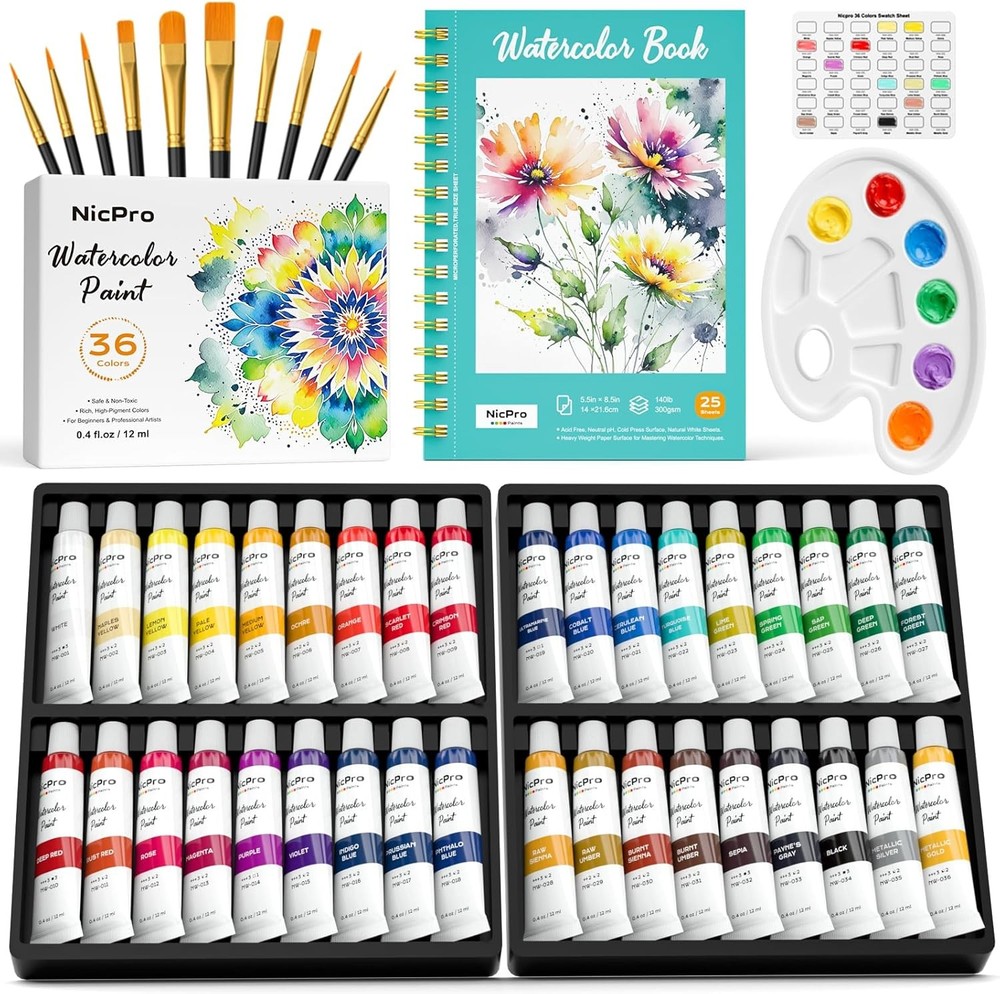 Nicpro Watercolor Paint Set for Adults, 36 Colors Watercolor Tube Set (12ml,0.4o