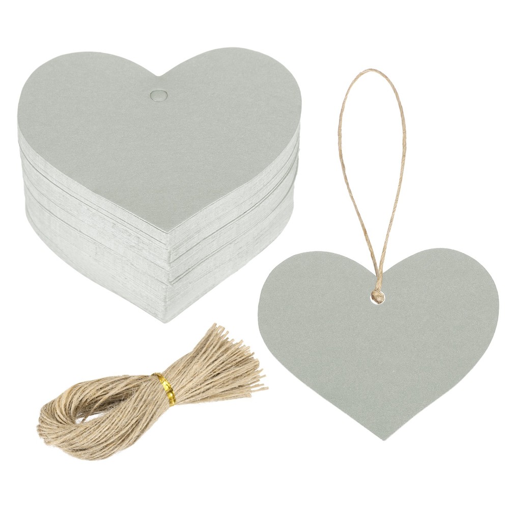 100Pcs Kraft Paper Gift Tags String 2.2 x 2.6 Inch Heart Shape Glittery Gray