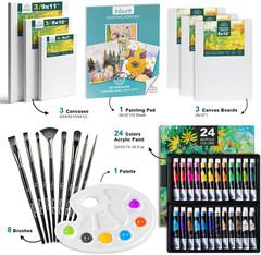 Kit pintura 6 lienzos, 24 acrílicos (22ml), 8 pinceles, bloc, paleta