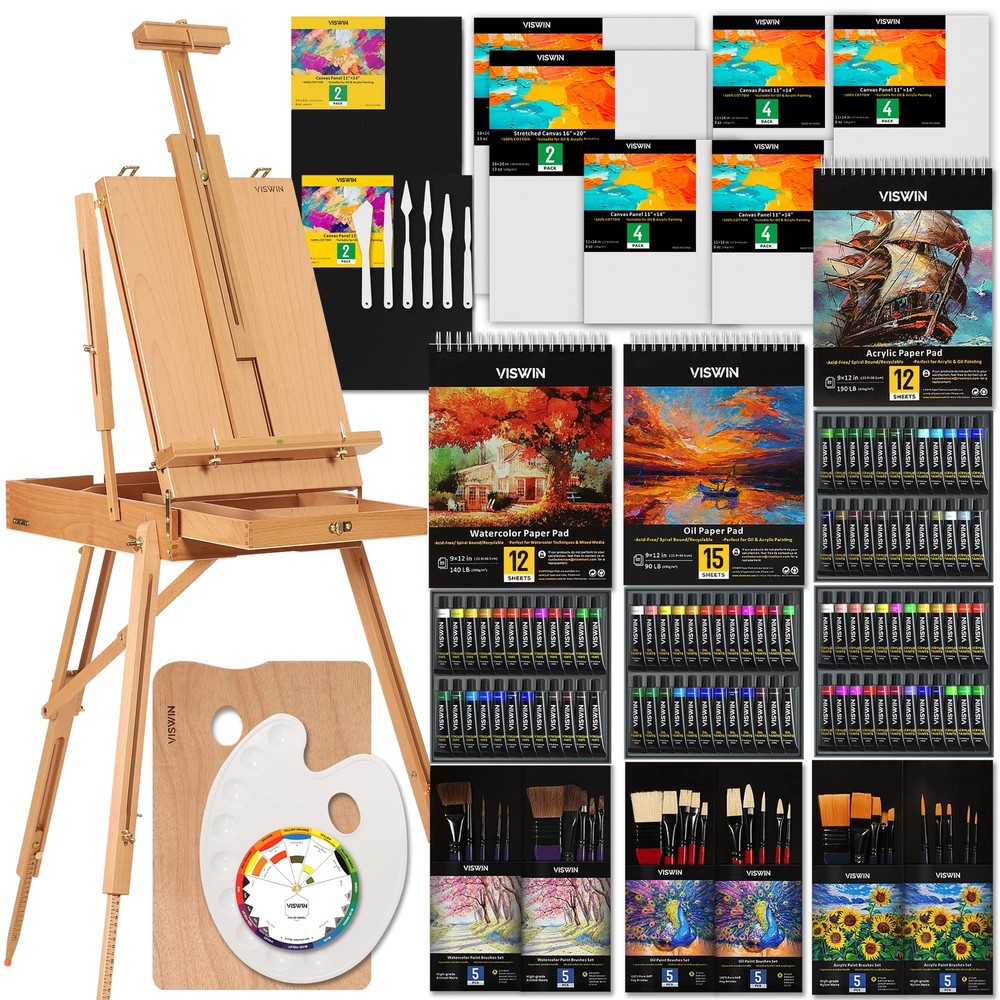 VISWIN Professional All-in-One Art Painting Kit with Beech Wood French Easel,…