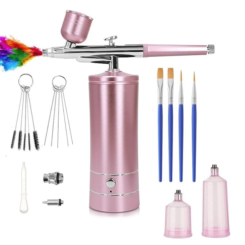 Pink Cordless 48PSI Airbrush Kit High Pressure Compressor With 0.3mm Nozzle