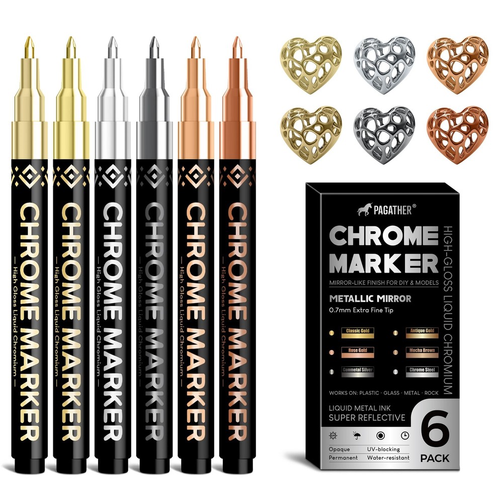 Mirror Chrome Paint Markers 6 Colors Permanent Fine Tip for Crafts DIY Art
