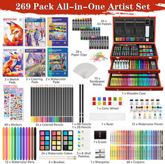 Art Supplies, 269 Piece Deluxe Art Set with 6 Drawing Pads, Watercolor Paints, C