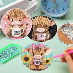 8 Pack Highland Cow Diamond Art Coasters Kit w/ Holder Cork Pads DIY Craft