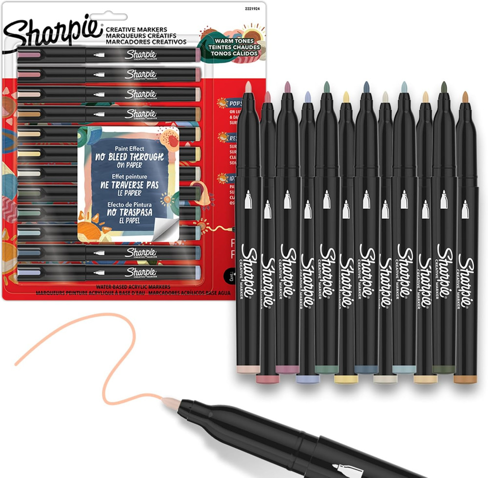Sharpie Creative Markers, Warm Tones, Water-Based Acrylic Markers, Fine Tip, 12
