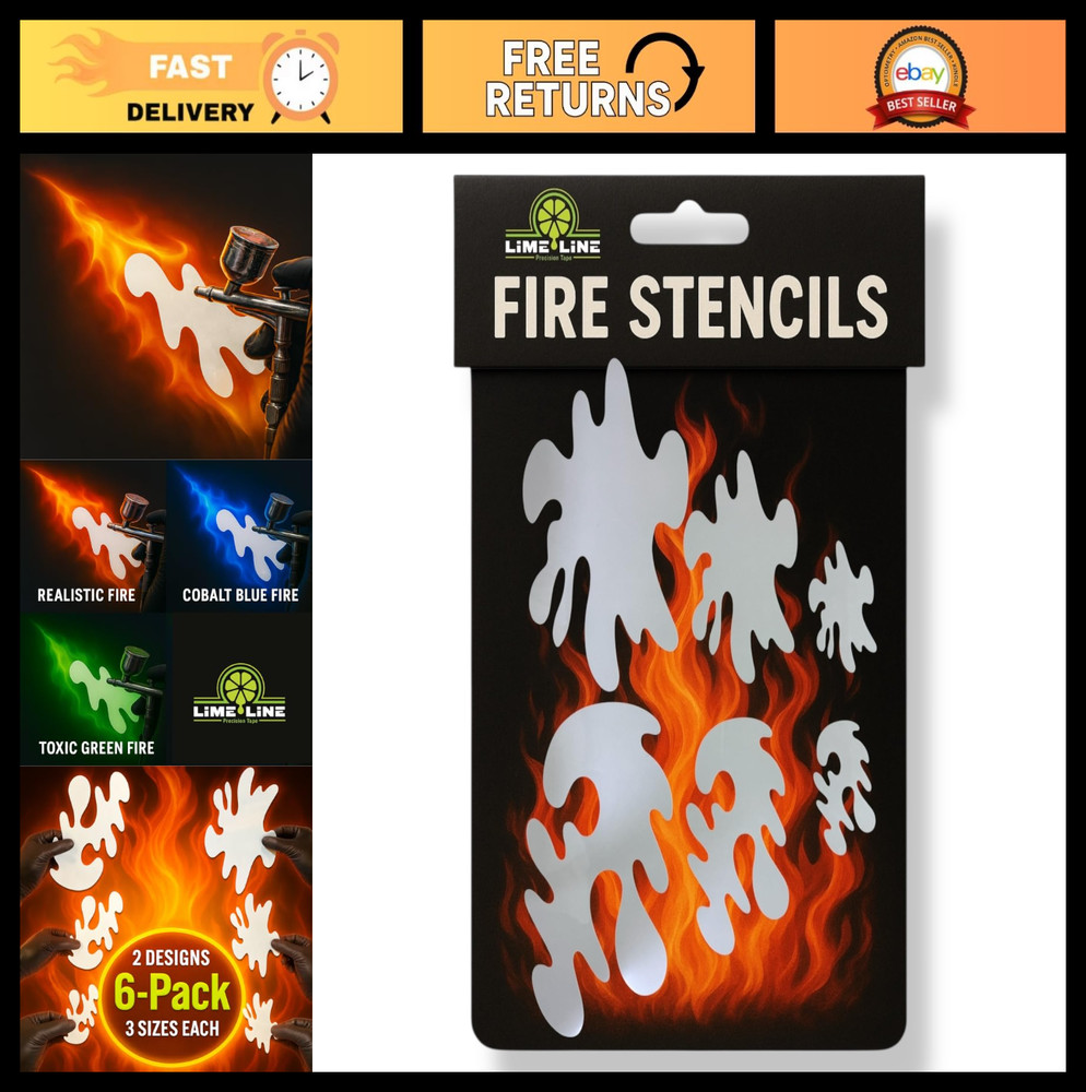 6-Piece Realistic Fire Airbrush Stencil Kit for Automotive Paint – Cars, Trucks,