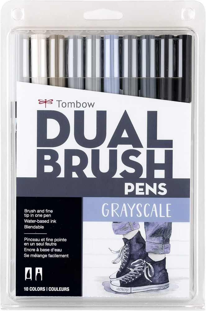 56171 Dual Brush Pen Art Markers, Grayscale, 10-Pack. Blendable, Brush and Fine
