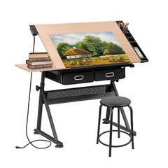 Adjustable Drafting Table with Stool & Outlet Tilting Drawing Desk with Drawers