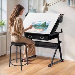 Drafting Drawing Table Tabletop Adjustable Height with Charge Outlet White