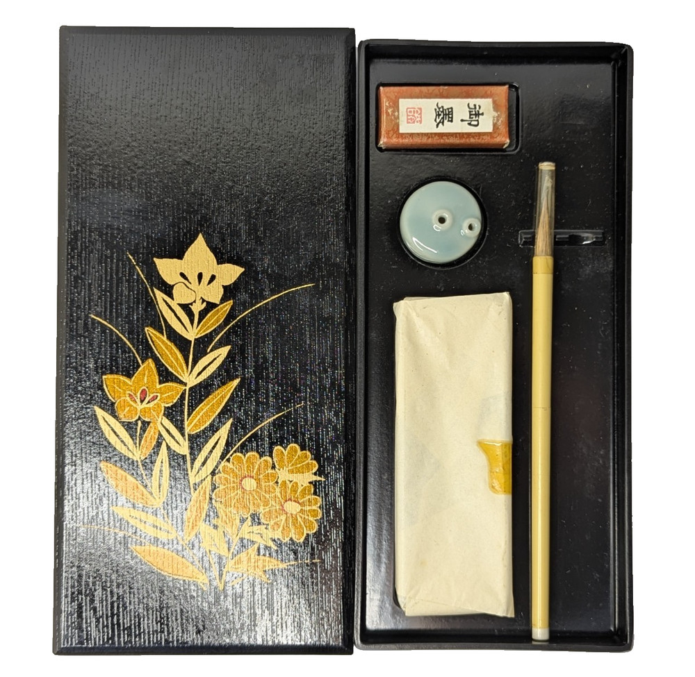Vintage Japanese Calligraphy Set Handpainted Floral Design in a Lacquered Box