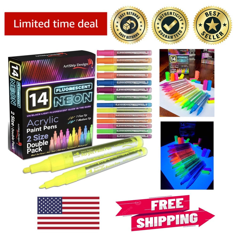 Creative 14 Pack Non-Toxic Neon UV Acrylic Paint Pens – Glows Under Blacklight