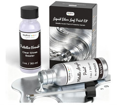 Metallic Silver Acrylic Paint and Gloss Varnish Kit Craft DIY Art Set 2 Bottle