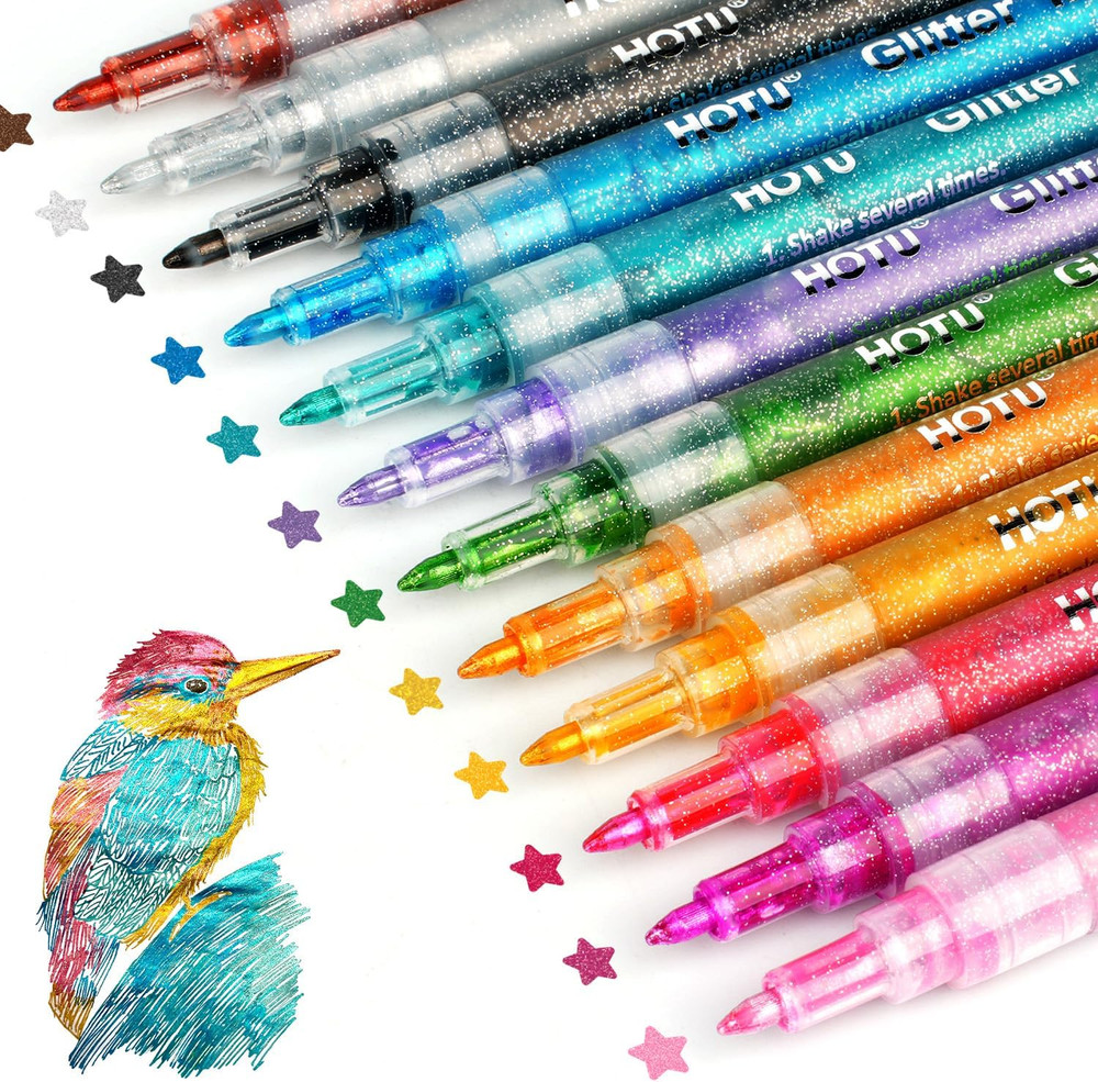 Glitter Markers Pen，12 Glitter Colors Paint Pens Sparkly Metallic Shimmer Acryli