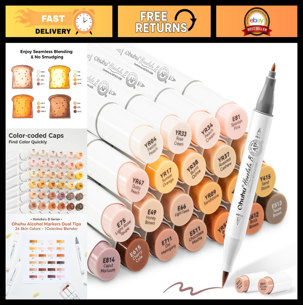 24 Skin Tone Alcohol Markers – Dual Brush & Fine Tips for Artists – Refillable,