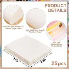 25 Sheets Watercolor Paper 8.5 x 11, 300 GSM Deckled x 11 inch, ivory