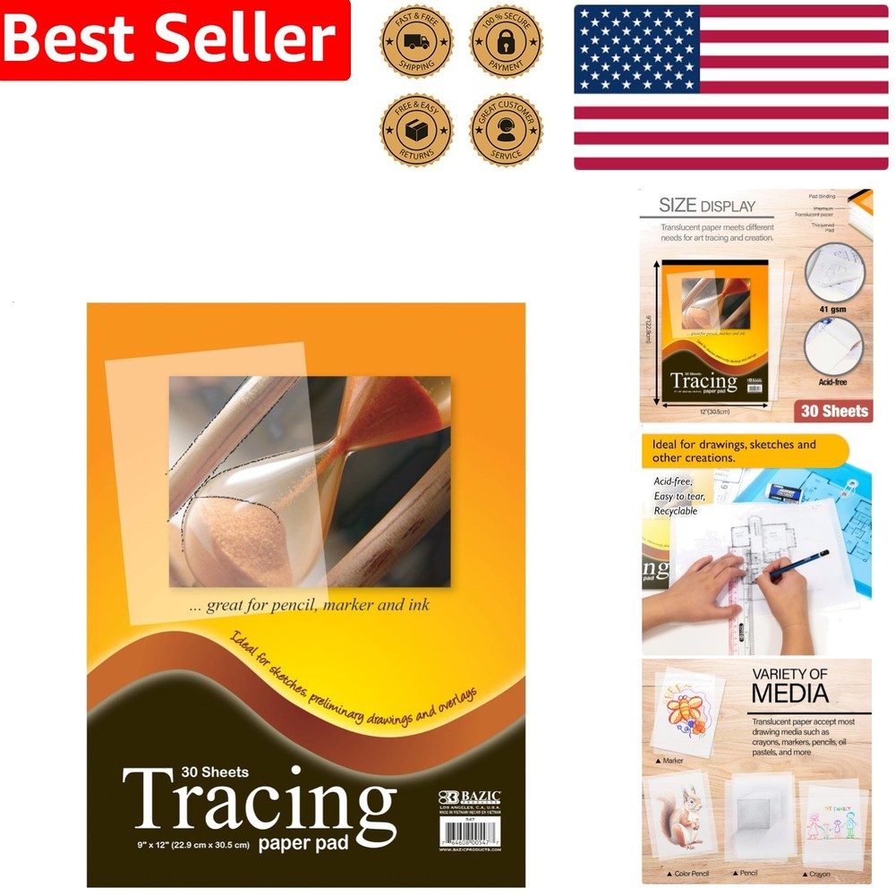 BAZIC Artist Tracing Paper Pad 9×12, 30 Sheets, Translucent Sketching Surface