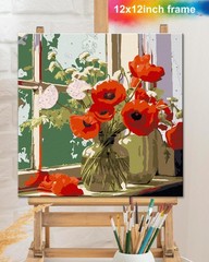 Framed Paint by Numbers Kit for Adults Beginners, 12x12inch Red Flower Paint by