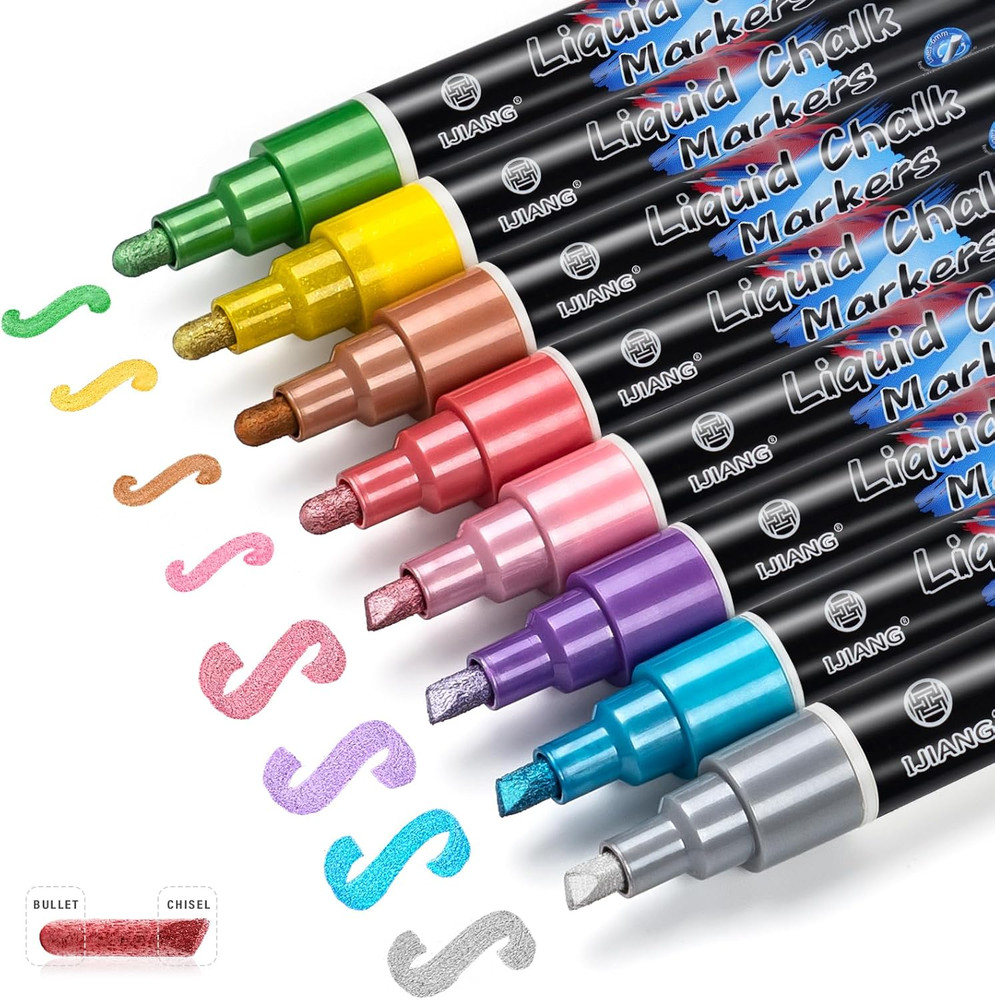 Liquid Chalk Markers – Metallic 8Colors, Chalk Markers – 6mm Reversible Tip for