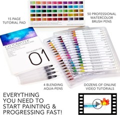 Professional Watercolor Painting Set: 54 Brush Pens & 15 Page Tutorial Pad
