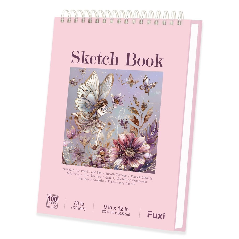 Cute Sketchbook Pink, 9″x12″ Sketch Book for Teen Girls, 100 Sheets Girl Sket…