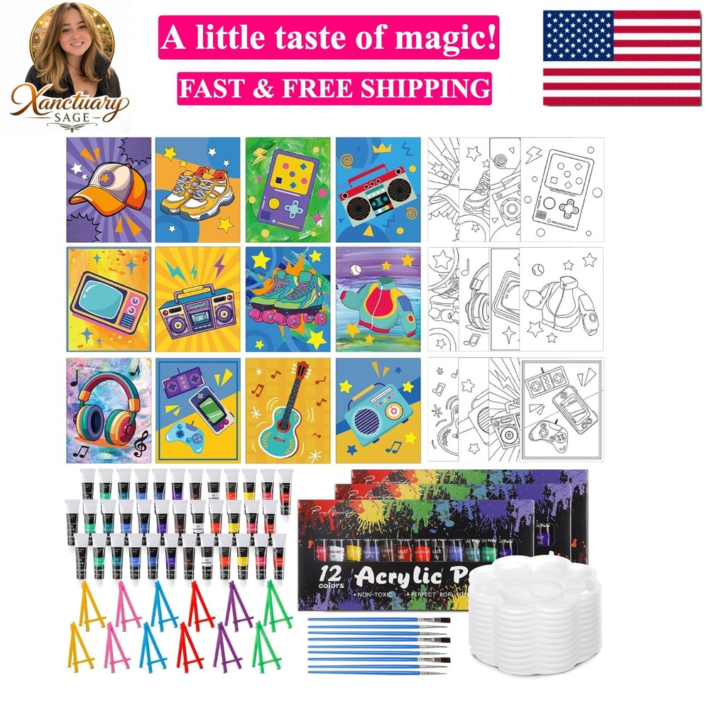 108 Pcs 12 Set Retro Time Sip and Paint Kit for Adults 8”x10” Pre Drawn Can…