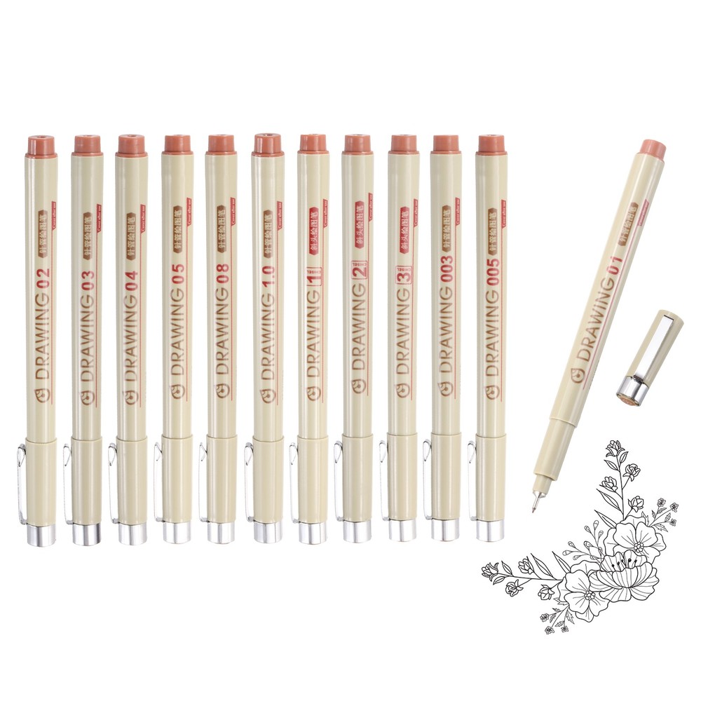12Pcs 0.25/0.3/0.35/0.4/0.45/0.5/0.55/1/2/3/0.15/0.2mmFineliner Ink Pens(Brown)