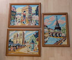 3 MCM 50’s Paint By Number Paris Scenes Arc de Triomphe Notre Dame Eiffel Tower
