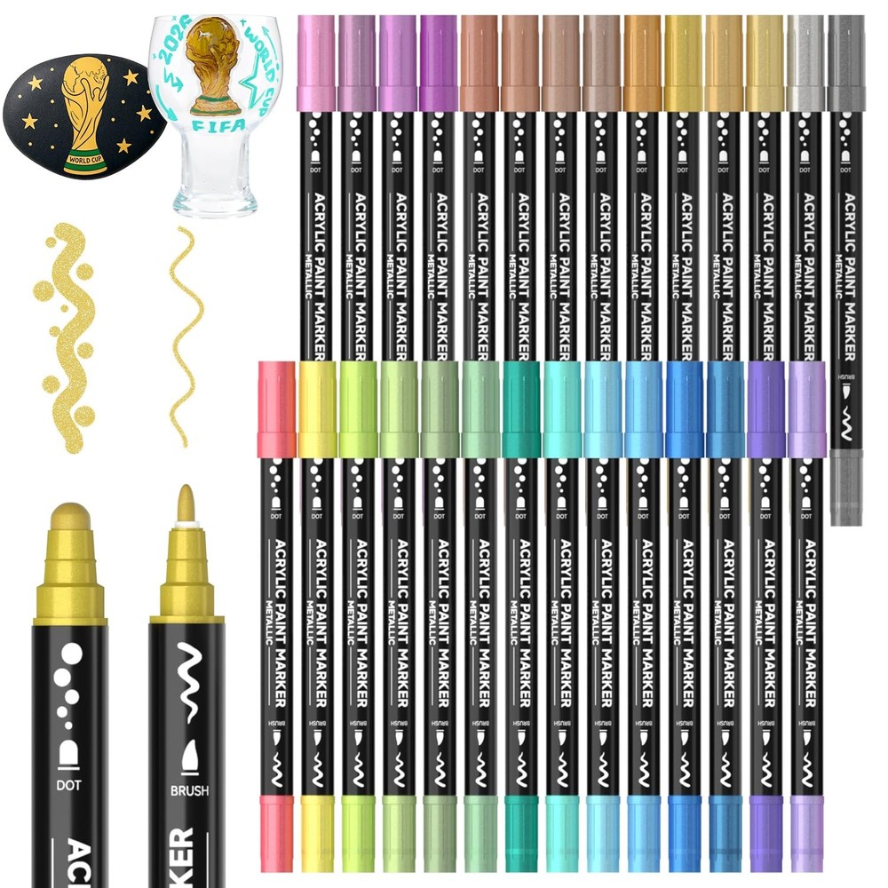28 Metallic Colors Dual Tip Acrylic Paint Markers, Dot Tip and Fine Tip Acryl…