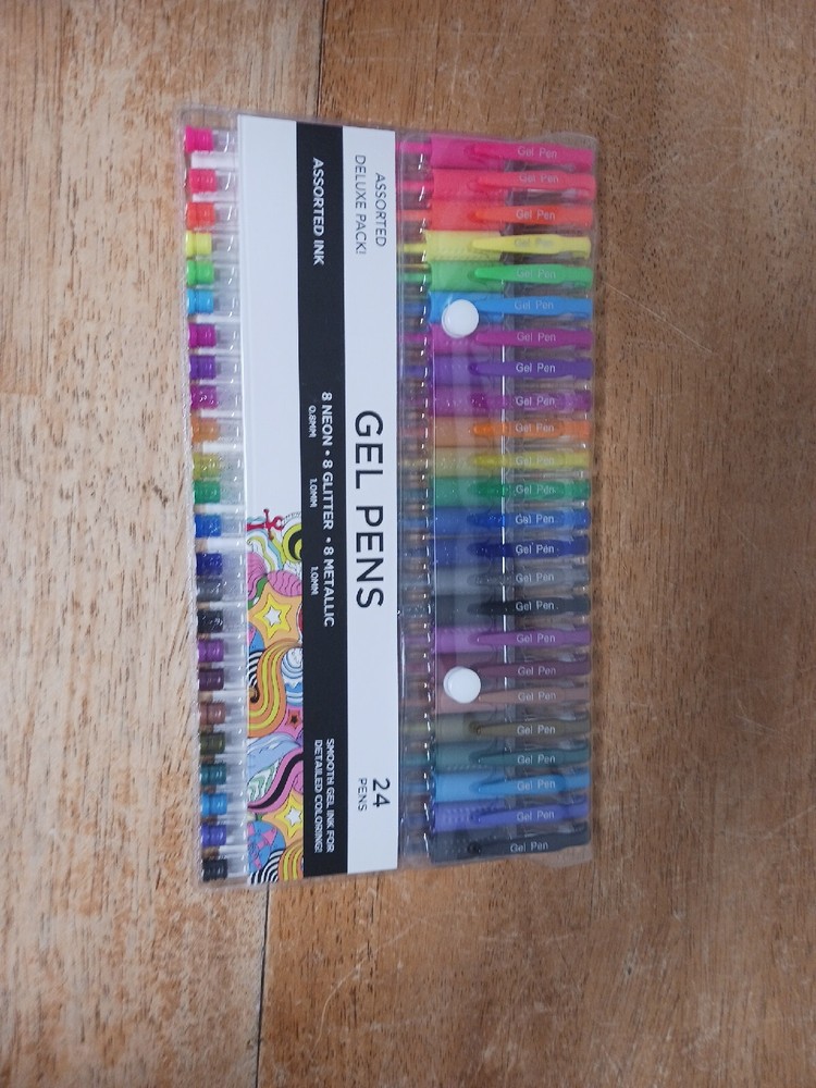 24 Pack Assorted deluxe Gel pens 8 neon 0.8mm 8 glitter 1.0mm 8 Metallic 1.0 mm