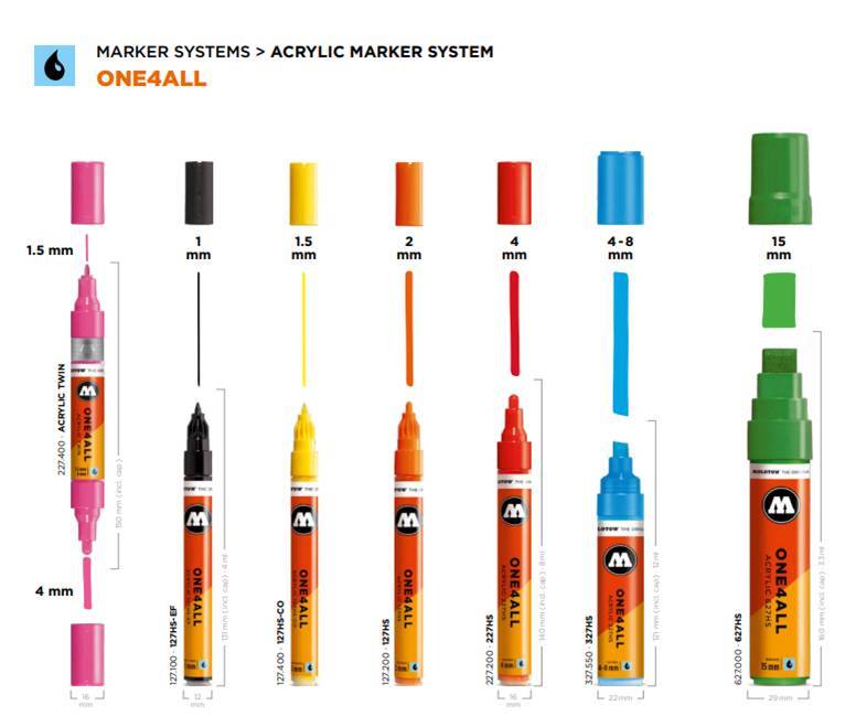 Molotow ONE4ALL Acrylic Paint Marker, 1.5mm Tip Size, Metallic Colors