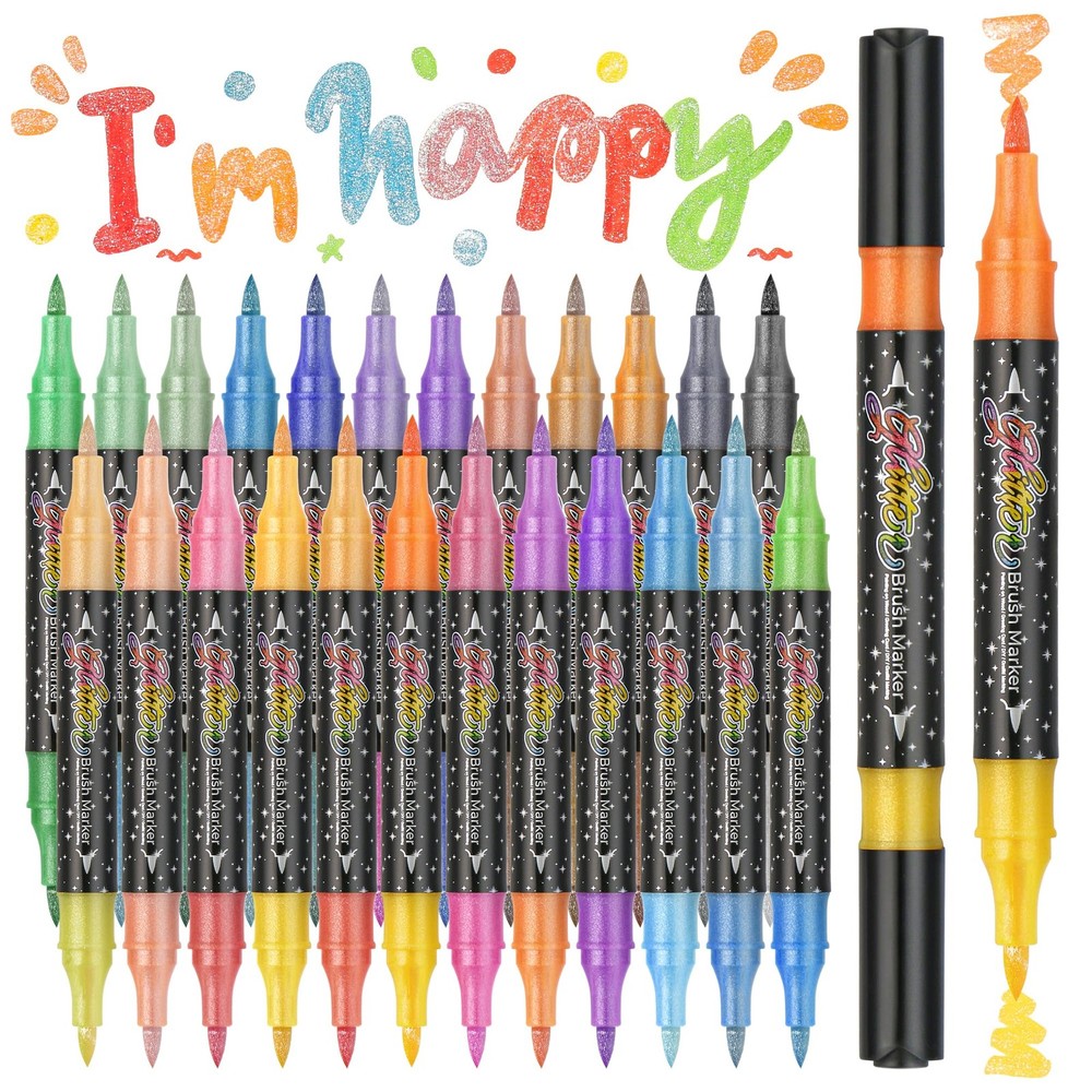 ZSCM 48 Colors Duo Glitter Effect Brush Markers, 24 Pack Water-based Ink Glit…