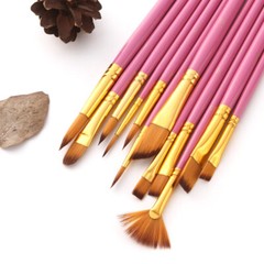 Polished Wood Handle Paint Brush Set 12Pcs for Comfort Gouache, Canvas Painting