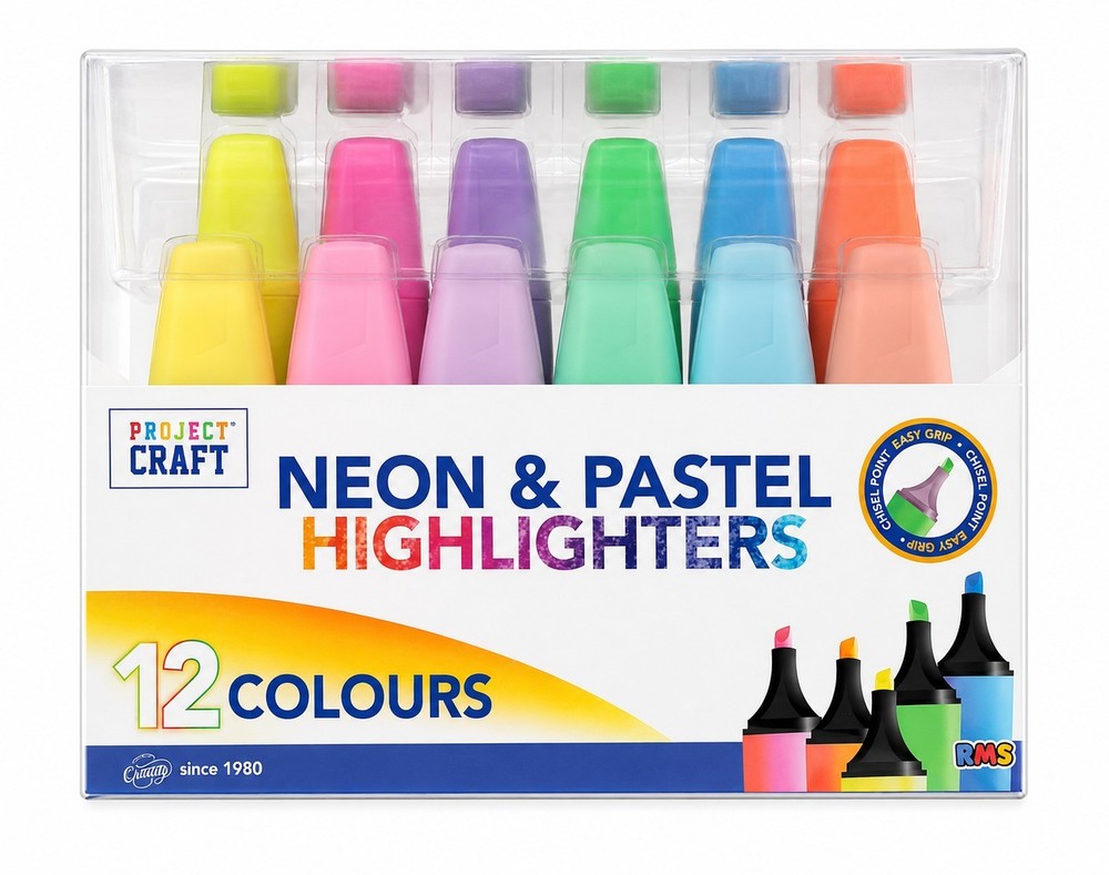 Project Craft Neon & Pastel Highlighter Marker Pens 12 Colours