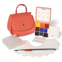Mini Watercolor Set Travel Kit with 9 Colors, Leather Bag & Watercolor Peach
