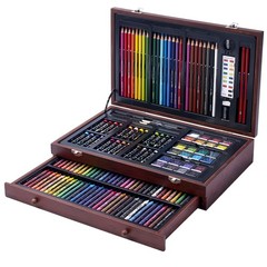 142 Pc Art Set with Colored Pencils, Crayons, Pastels, Watercolors in Wood Ca…