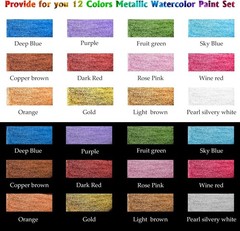 12 Color Metallic Glitter Watercolour Set 2 Water Brushes Color Card