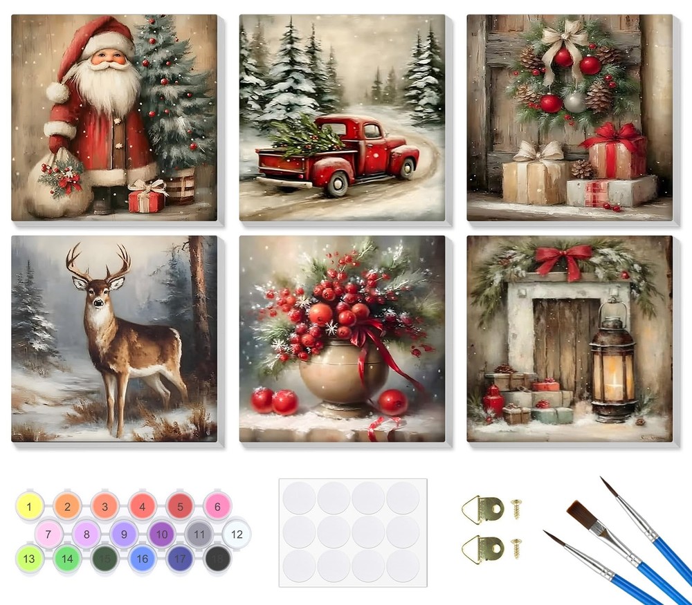 6 Pack Framed Paint by Numbers Christmas for Adults Beginners, Adults’ Paint-…