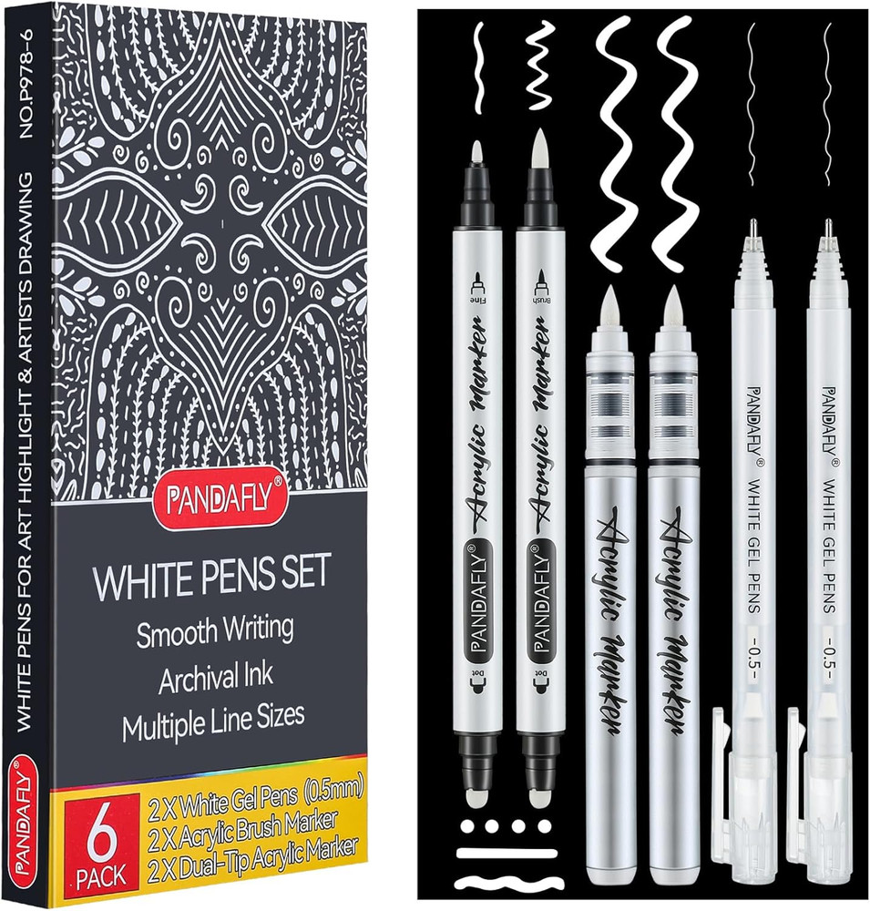 White Ink Pens Set 0.5mm Fine Point White Gel Pens Dual-Tip Acrylic Paint Pe…