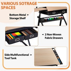 Adjustable Drafting Table with Outlet Artist Drawing Table with Stool Natural