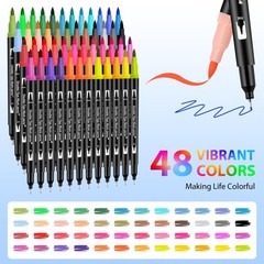 48 PCS Dual Double Tip Brush Marker Pen Set Fine Artists Coloring Kids Drawing