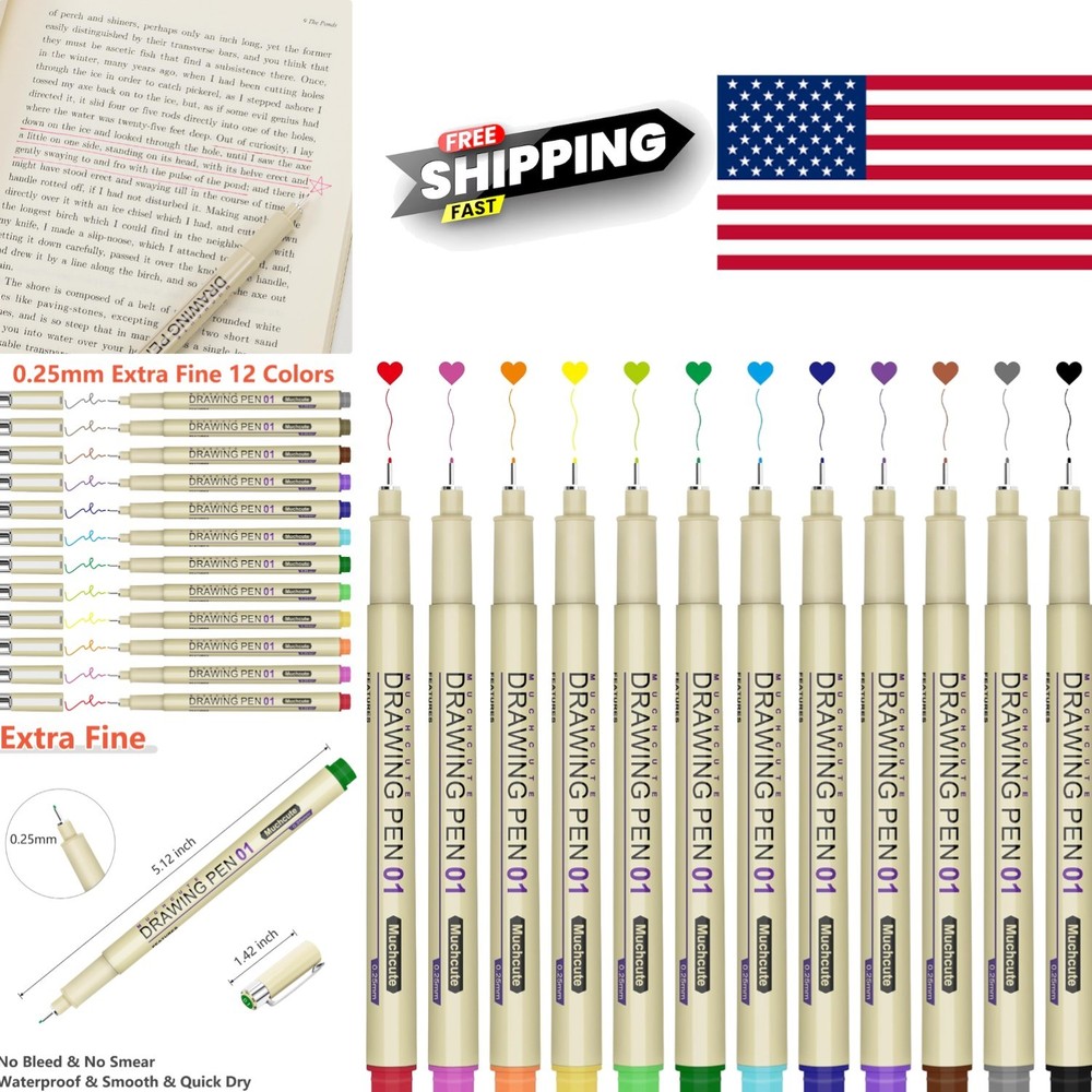 Micro Fineliner Drawing Pens Set of 12 Colors 0.25mm Extra Fine Point Waterproof