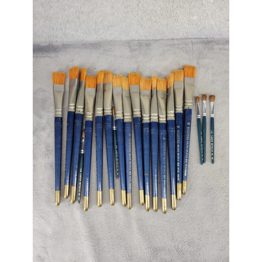 Lot of 20 Western Golden Bristle Artist Paint Brushes Flat Round Mixed Lot