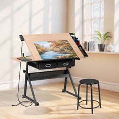 Adjustable Drafting Table with Outlet Artist Drawing Table with Stool Natural